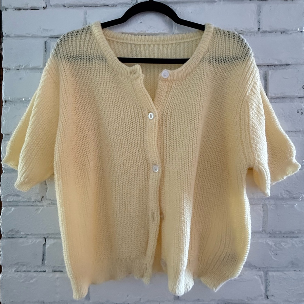 Soft Knit Short-Sleeve Cardigan Sweater - Cream